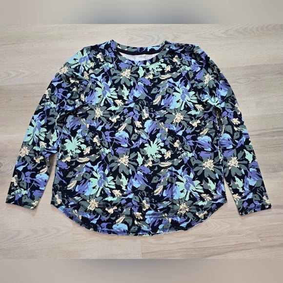 zuda Z-Knit Curved Hem Long Sleeve Pullover Size S NWOT BLUE FLORAL A468601 QVC - Picture 2 of 7